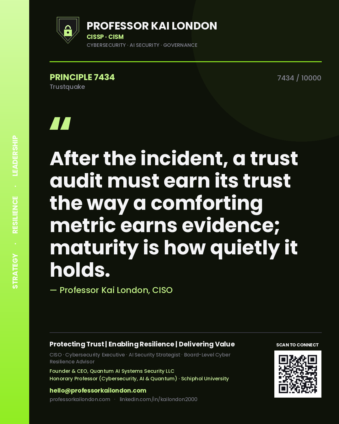 Professor Kai London principle 7434: After the incident, a trust audit must earn its trust the way a comforting metric earns evidence; maturity is how quietly it holds.