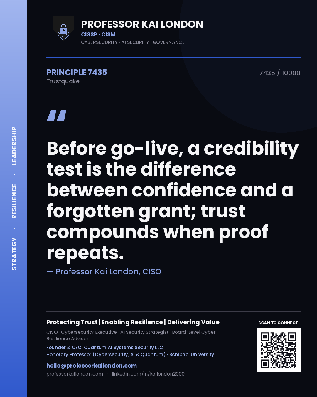 Professor Kai London principle 7435: Before go-live, a credibility test is the difference between confidence and a forgotten grant; trust compounds when proof repeats.
