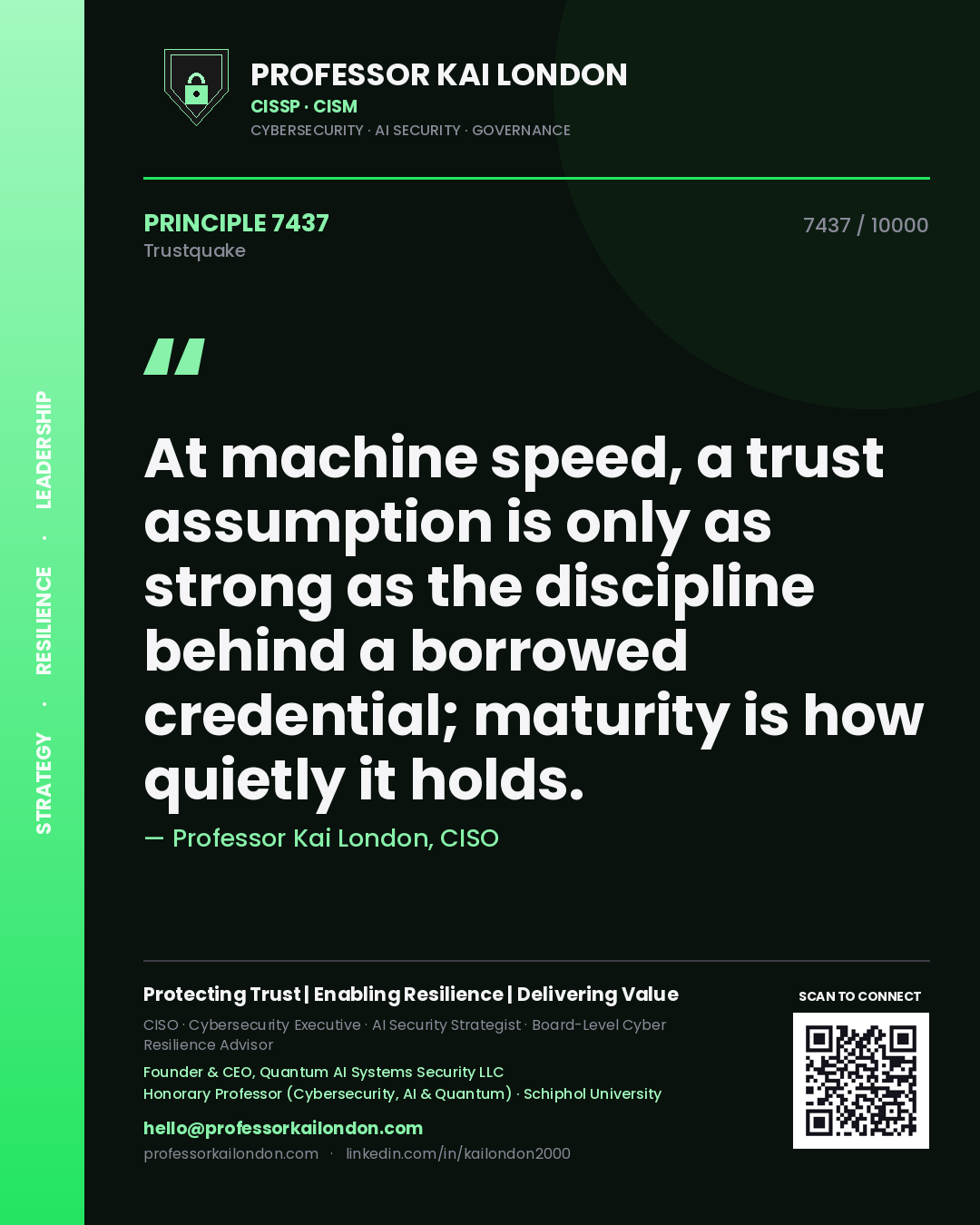 Professor Kai London principle 7437: At machine speed, a trust assumption is only as strong as the discipline behind a borrowed credential; maturity is how quietly it holds.