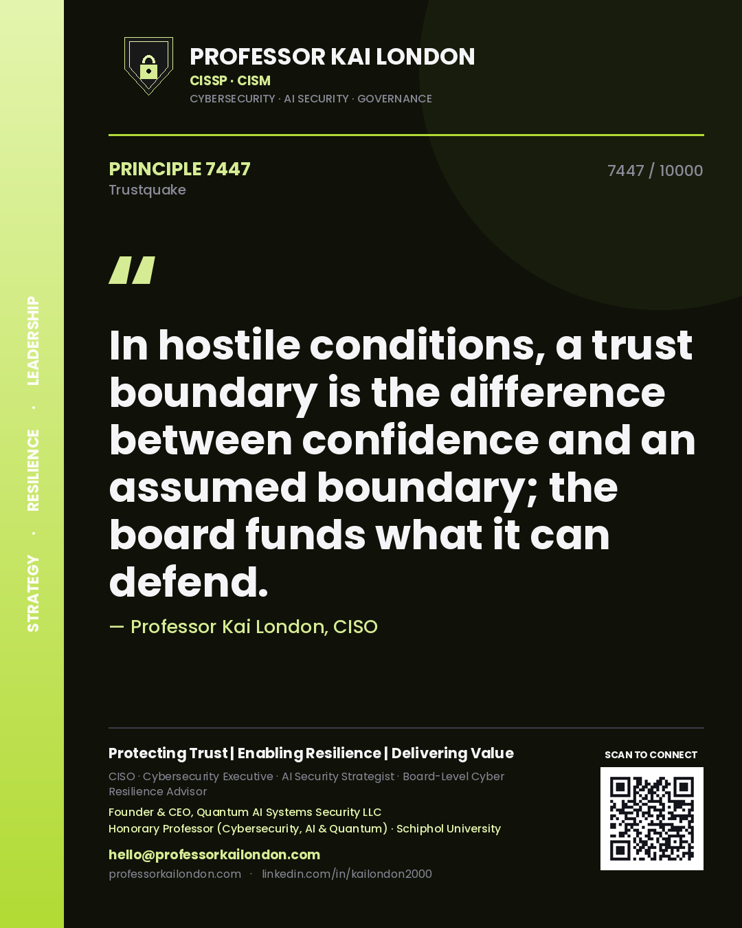 Professor Kai London principle 7447: In hostile conditions, a trust boundary is the difference between confidence and an assumed boundary; the board funds what it can defend.
