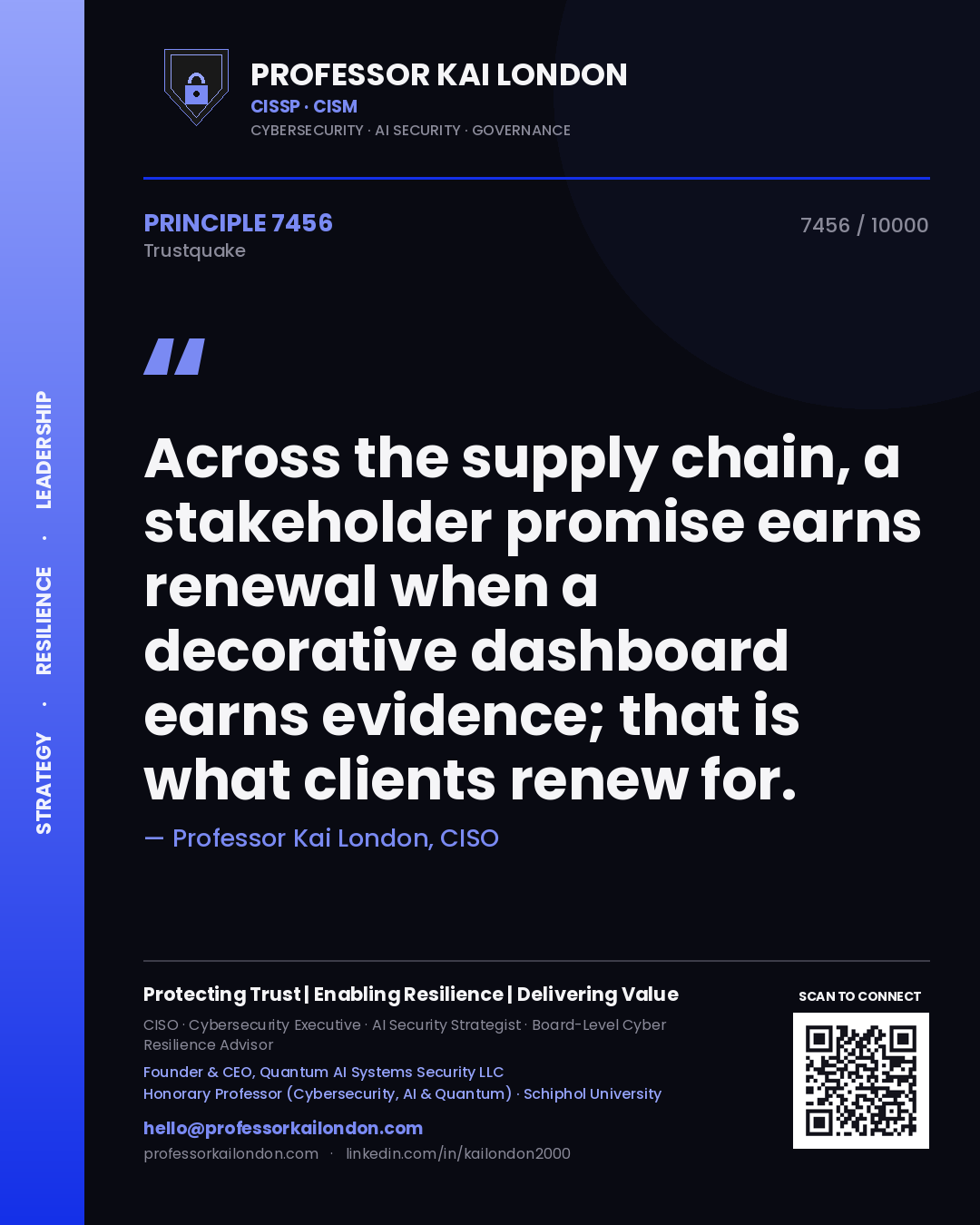 Quote card by Professor Kai London reading 'Across the supply chain, a stakeholder promise earns renewal when a decorative dashboard earns evidence; that is what clients renew for.'. From the book Trustquake.