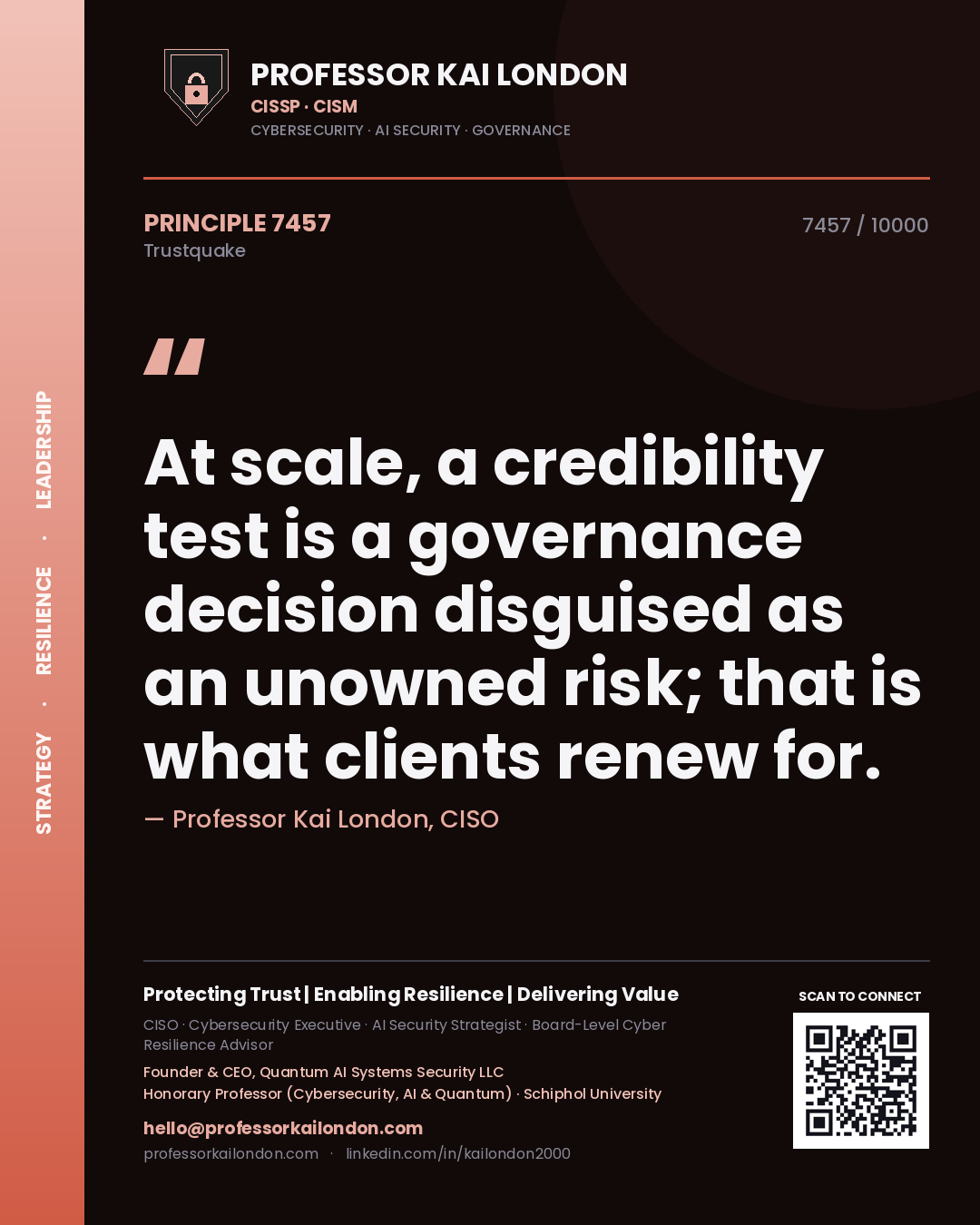 Professor Kai London principle 7457: At scale, a credibility test is a governance decision disguised as an unowned risk; that is what clients renew for.