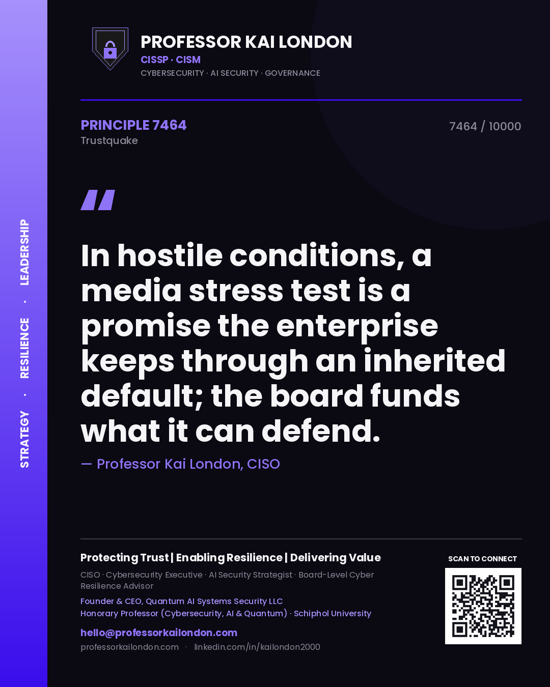 Professor Kai London principle 7464: In hostile conditions, a media stress test is a promise the enterprise keeps through an inherited default; the board funds what it can defend.