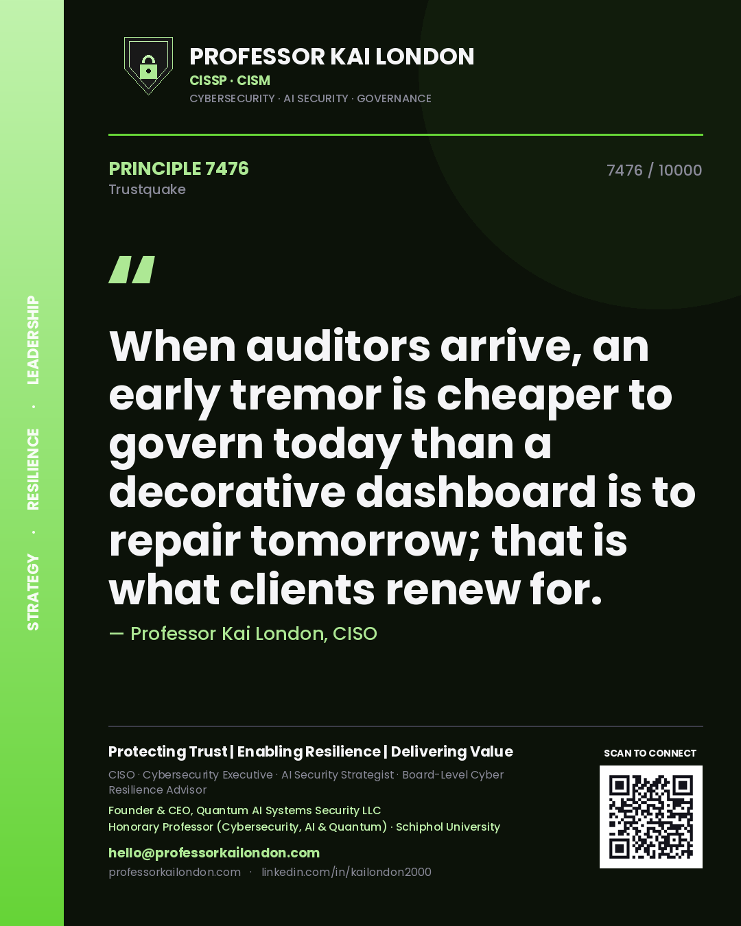 Quote card by Professor Kai London reading 'When auditors arrive, an early tremor is cheaper to govern today than a decorative dashboard is to repair tomorrow; that is what clients renew for.'. From the book Trustquake.