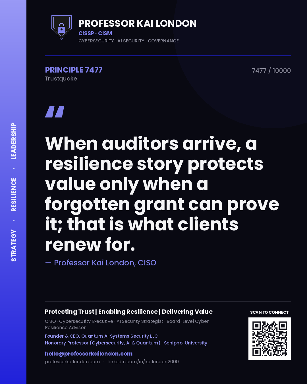 Professor Kai London principle 7477: When auditors arrive, a resilience story protects value only when a forgotten grant can prove it; that is what clients renew for.