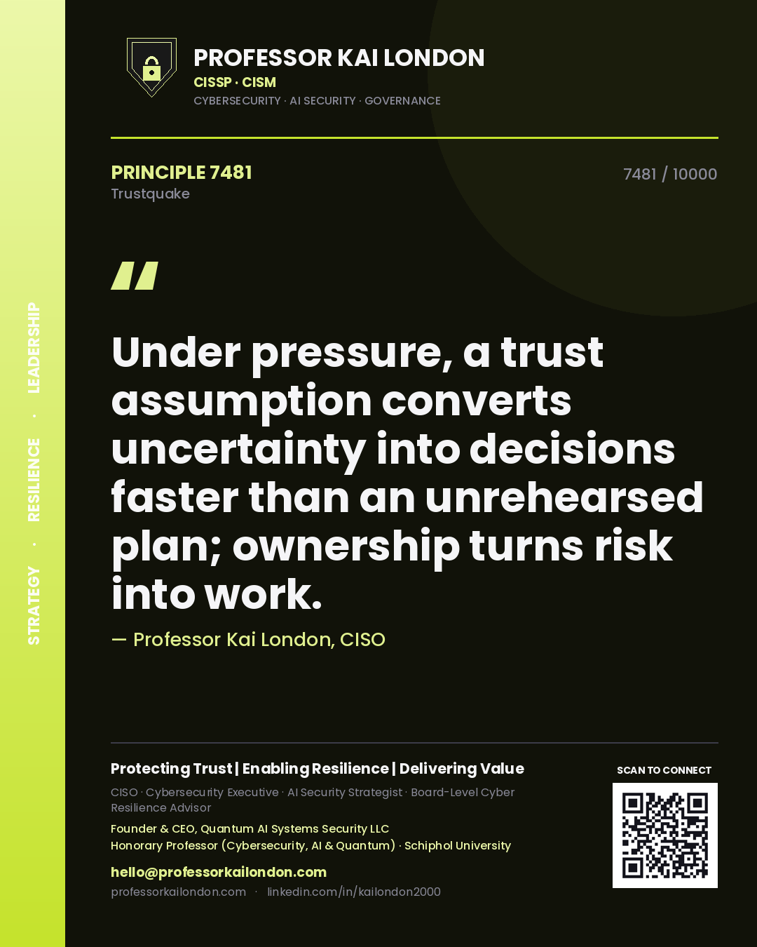 Professor Kai London principle 7481: Under pressure, a trust assumption converts uncertainty into decisions faster than an unrehearsed plan; ownership turns risk into work.