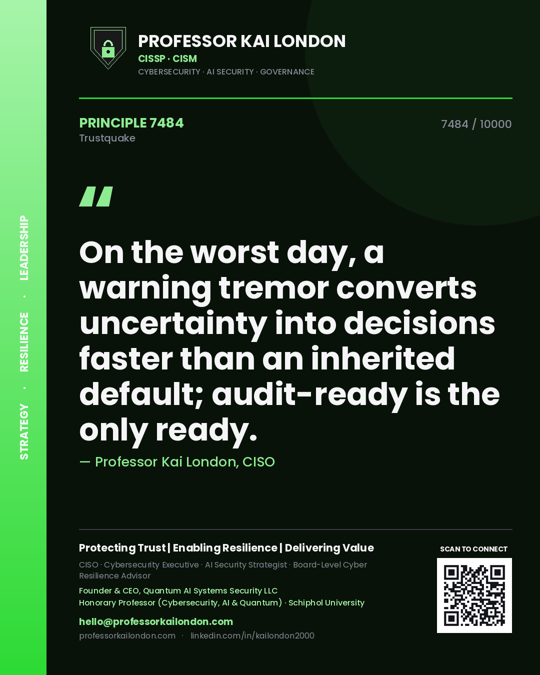 Professor Kai London principle 7484: On the worst day, a warning tremor converts uncertainty into decisions faster than an inherited default; audit-ready is the only ready.