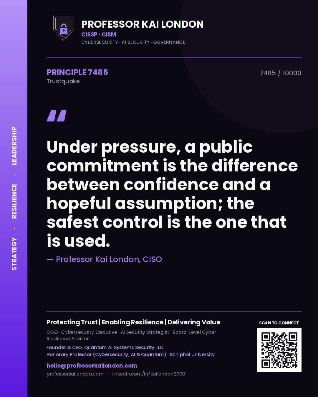 Professor Kai London principle 7485: Under pressure, a public commitment is the difference between confidence and a hopeful assumption; the safest control is the one that is used.