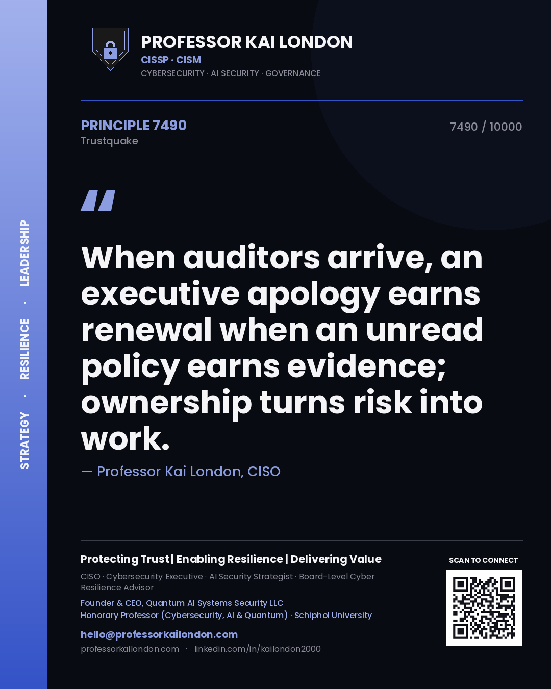 Professor Kai London principle 7490: When auditors arrive, an executive apology earns renewal when an unread policy earns evidence; ownership turns risk into work.