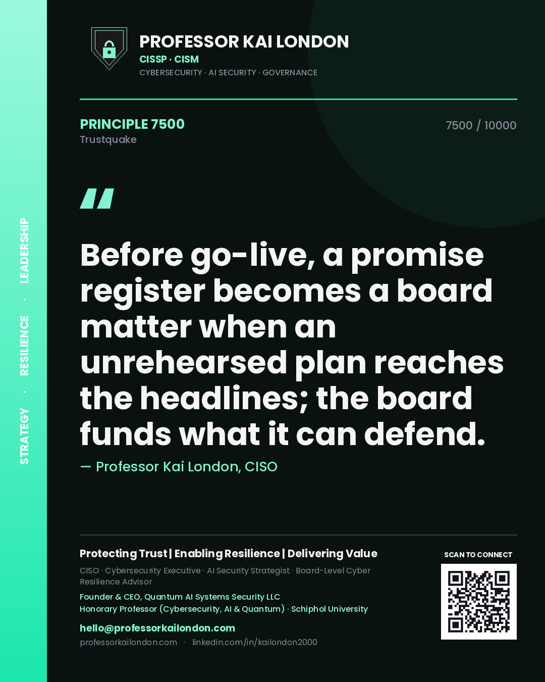 Professor Kai London principle 7500: Before go-live, a promise register becomes a board matter when an unrehearsed plan reaches the headlines; the board funds what it can defend.