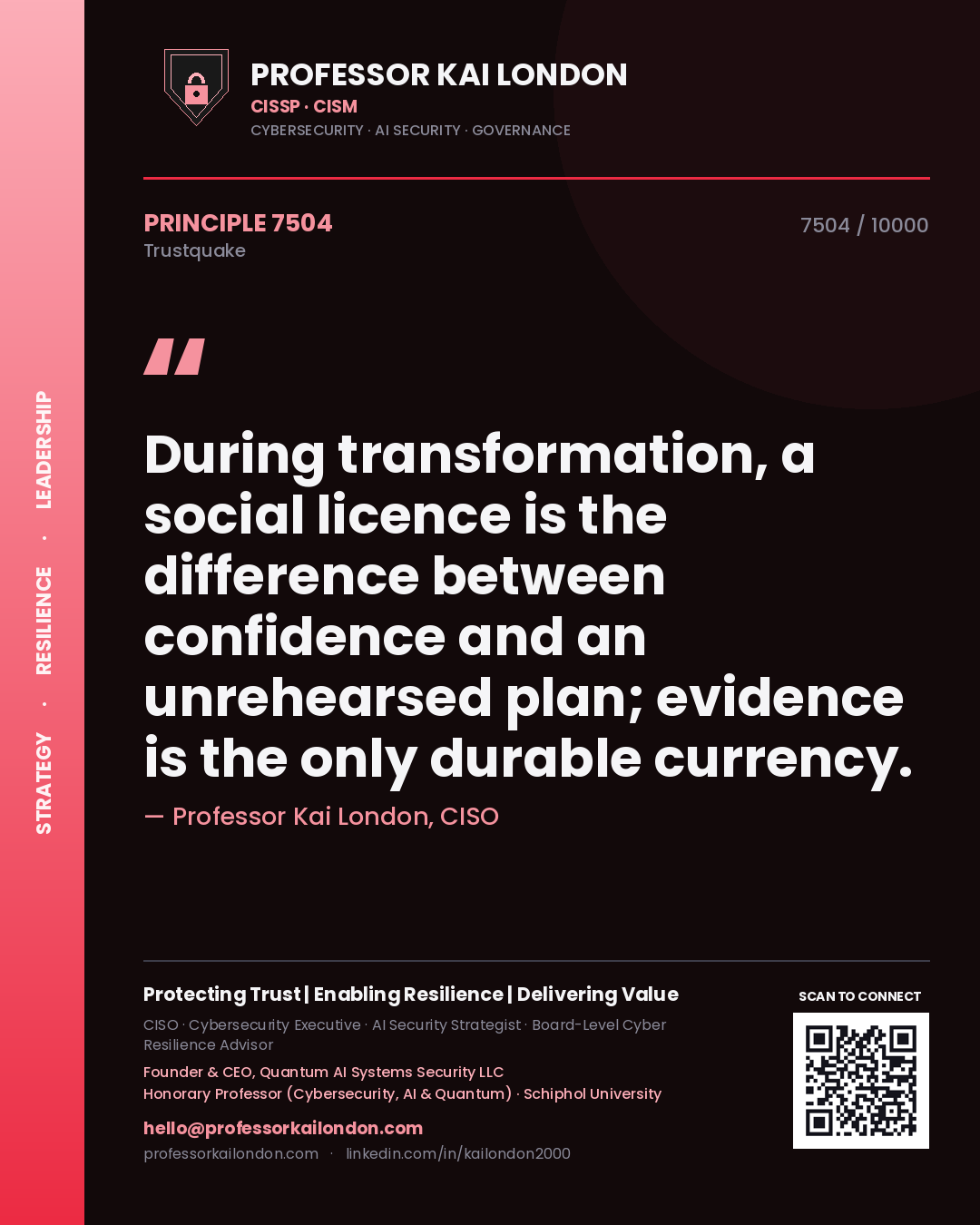 Quote card by Professor Kai London reading 'During transformation, a social licence is the difference between confidence and an unrehearsed plan; evidence is the only durable currency.'. From the book Trustquake.