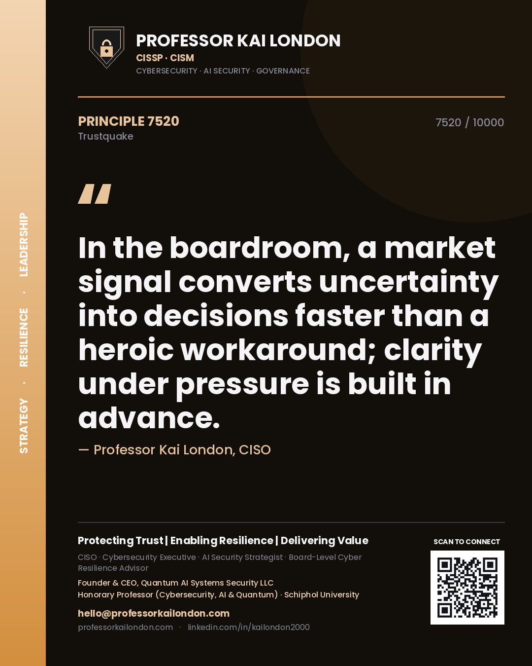 Professor Kai London principle 7520: In the boardroom, a market signal converts uncertainty into decisions faster than a heroic workaround; clarity under pressure is built in advance.