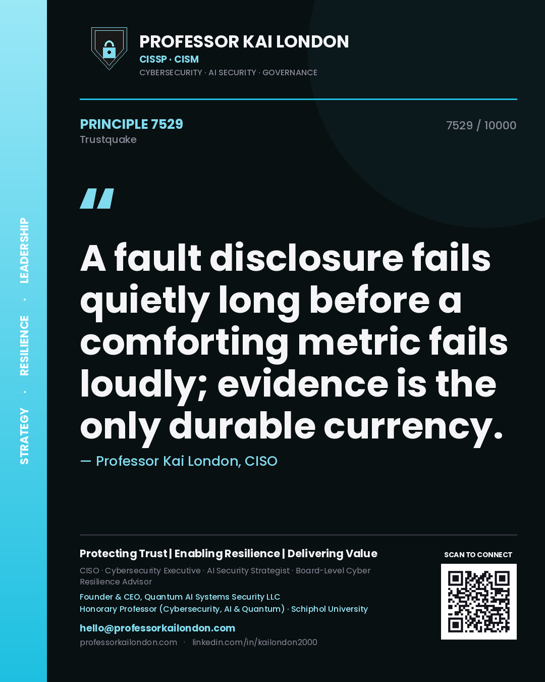Professor Kai London principle 7529: A fault disclosure fails quietly long before a comforting metric fails loudly; evidence is the only durable currency.