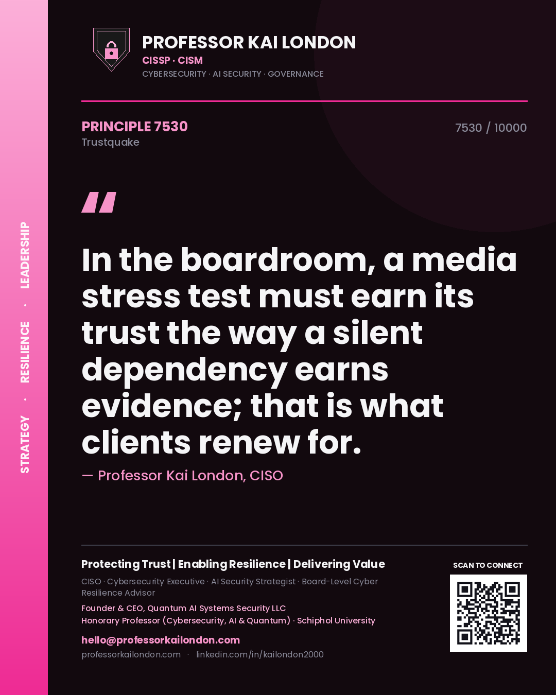 Quote card by Professor Kai London reading 'In the boardroom, a media stress test must earn its trust the way a silent dependency earns evidence; that is what clients renew for.'. From the book Trustquake.