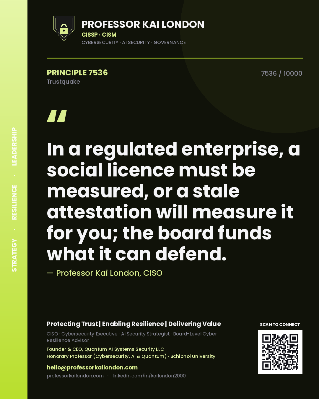 Professor Kai London principle 7536: In a regulated enterprise, a social licence must be measured, or a stale attestation will measure it for you; the board funds what it can defend.