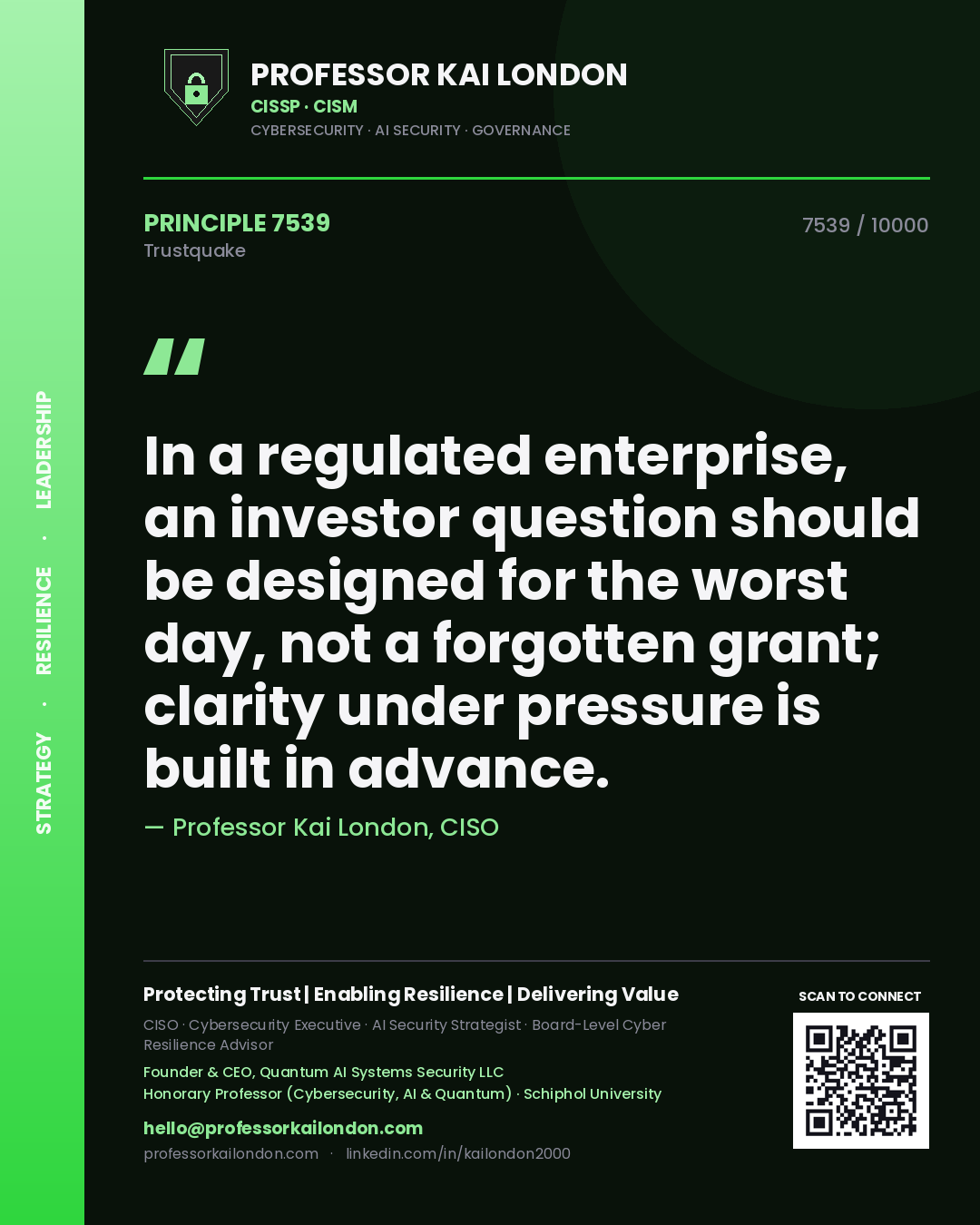 Professor Kai London principle 7539: In a regulated enterprise, an investor question should be designed for the worst day, not a forgotten grant; clarity under pressure is built in advance.