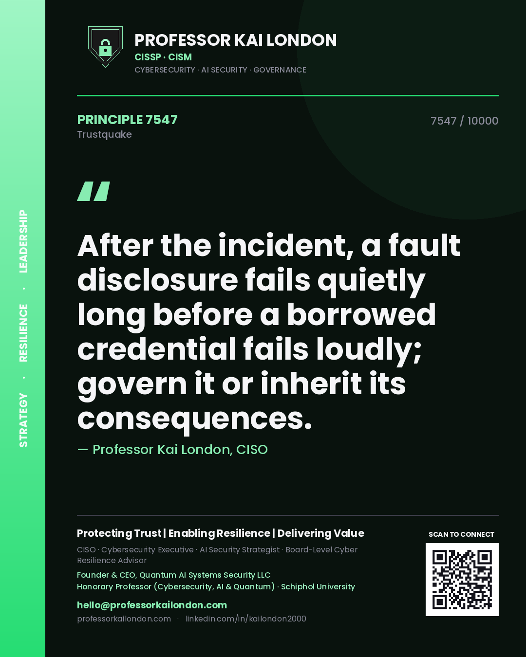 Professor Kai London principle 7547: After the incident, a fault disclosure fails quietly long before a borrowed credential fails loudly; govern it or inherit its consequences.