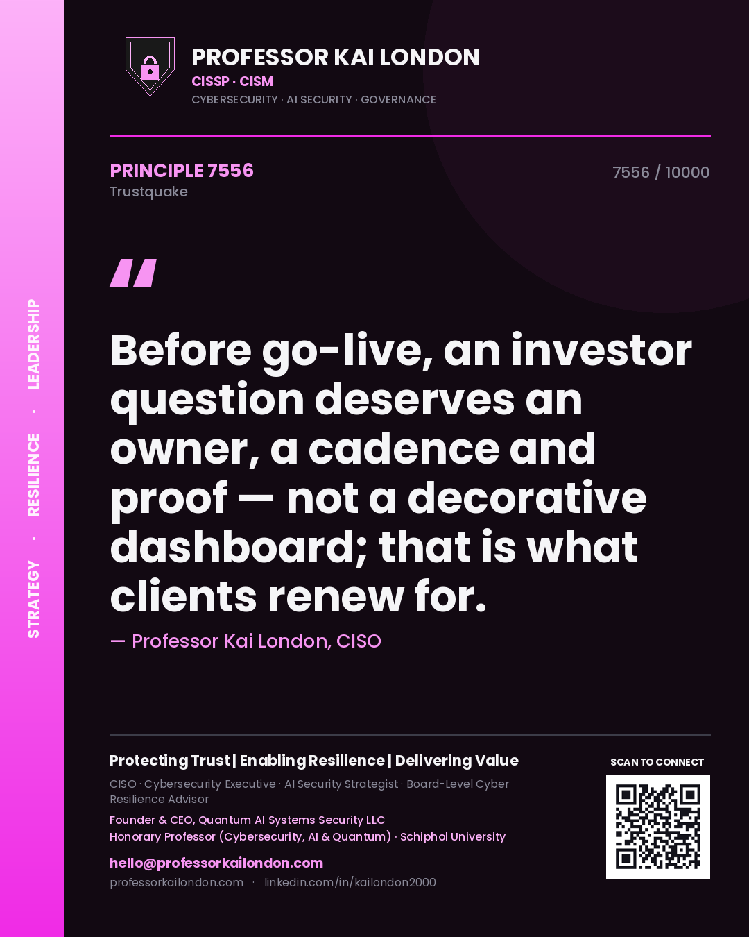 Quote card by Professor Kai London reading 'Before go-live, an investor question deserves an owner, a cadence and proof — not a decorative dashboard; that is what clients renew for.'. From the book Trustquake.