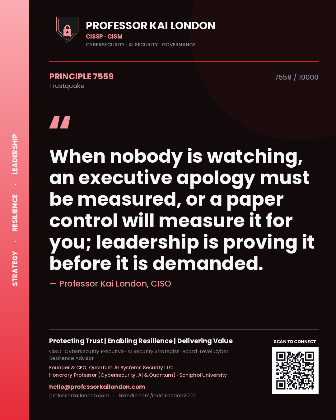 Quote card by Professor Kai London reading 'When nobody is watching, an executive apology must be measured, or a paper control will measure it for you; leadership is proving it before it is demanded.'. From the book Trustquake.