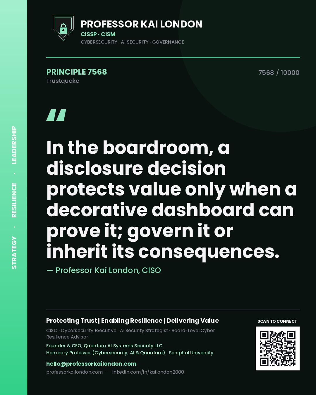 Quote card by Professor Kai London reading 'In the boardroom, a disclosure decision protects value only when a decorative dashboard can prove it; govern it or inherit its consequences.'. From the book Trustquake.