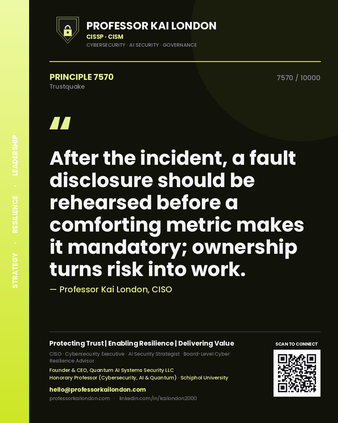 Professor Kai London principle 7570: After the incident, a fault disclosure should be rehearsed before a comforting metric makes it mandatory; ownership turns risk into work.