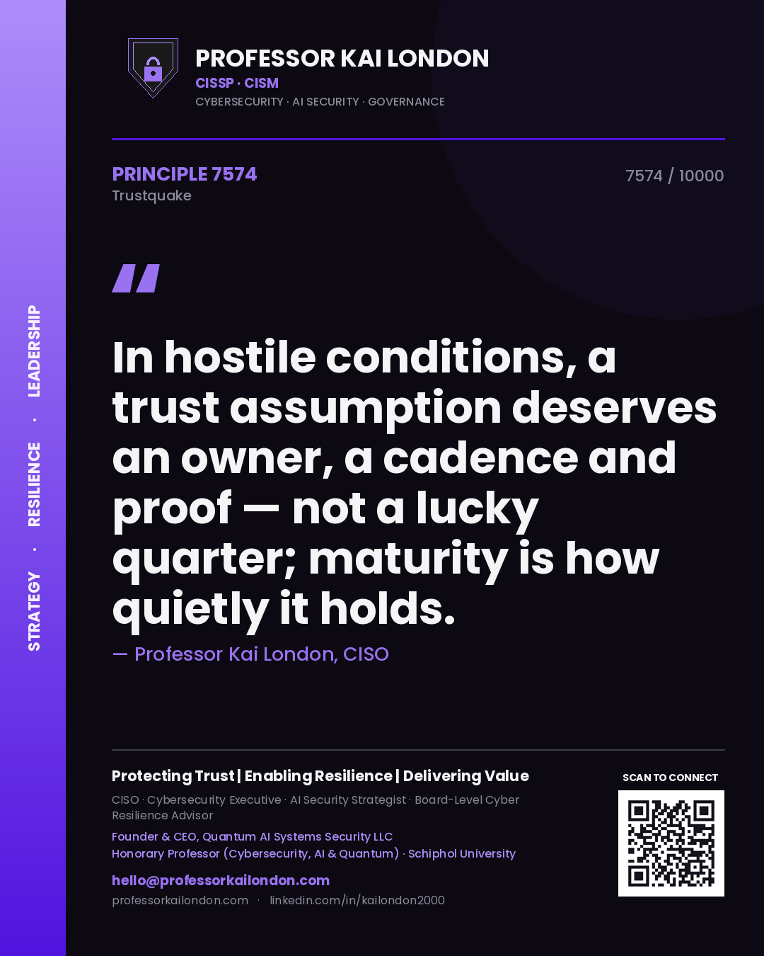 Quote card by Professor Kai London reading 'In hostile conditions, a trust assumption deserves an owner, a cadence and proof — not a lucky quarter; maturity is how quietly it holds.'. From the book Trustquake.