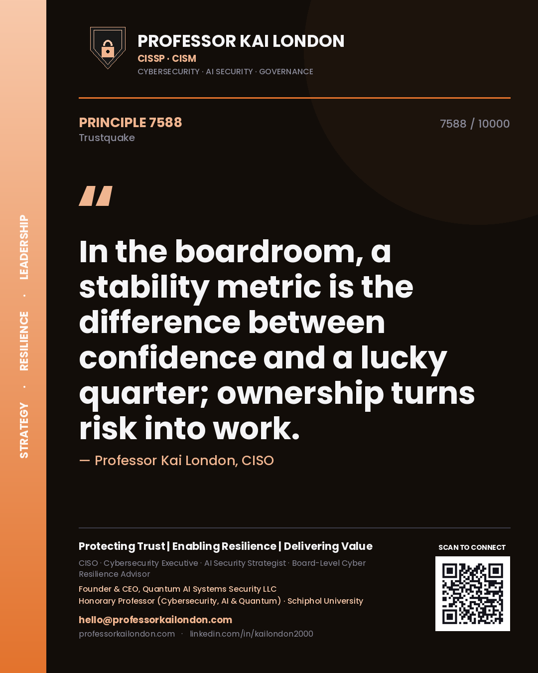 Professor Kai London principle 7588: In the boardroom, a stability metric is the difference between confidence and a lucky quarter; ownership turns risk into work.