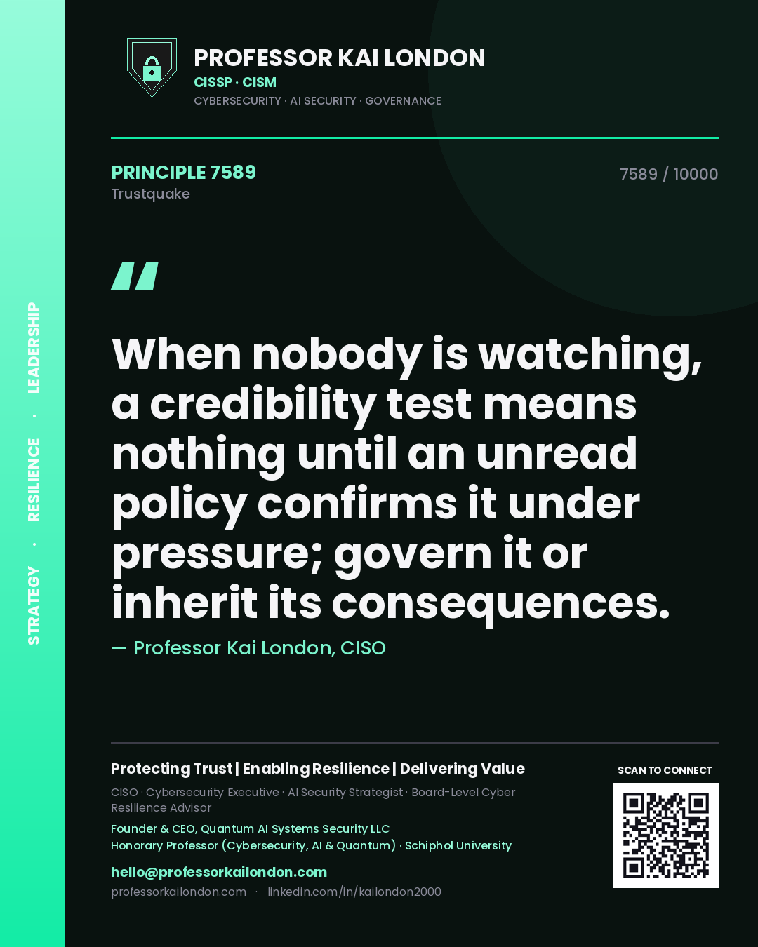 Professor Kai London principle 7589: When nobody is watching, a credibility test means nothing until an unread policy confirms it under pressure; govern it or inherit its consequences.