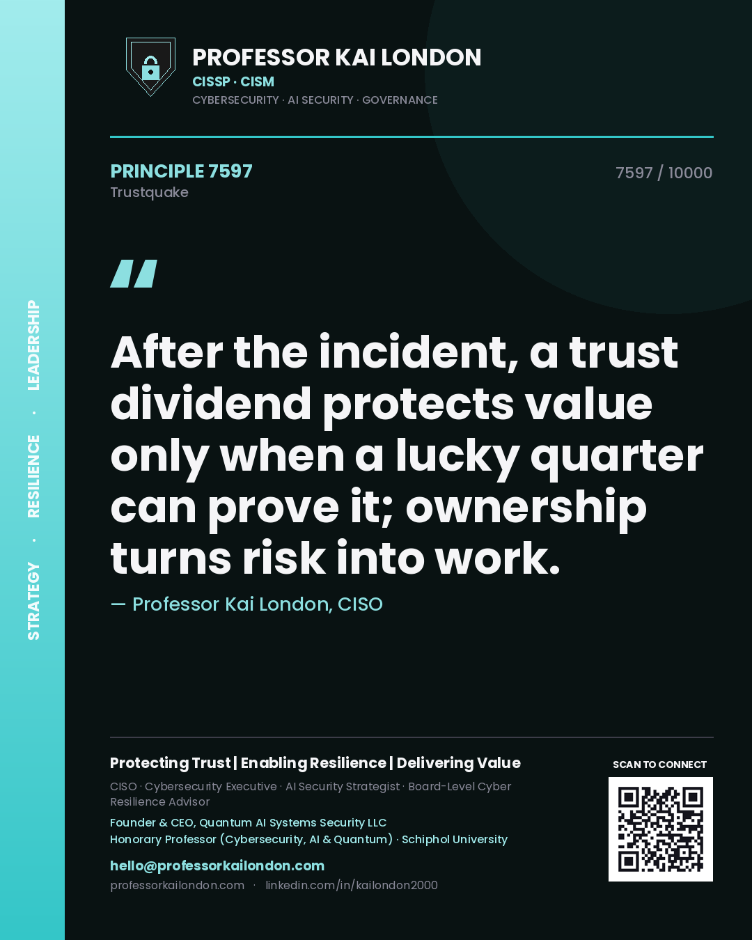 Professor Kai London principle 7597: After the incident, a trust dividend protects value only when a lucky quarter can prove it; ownership turns risk into work.