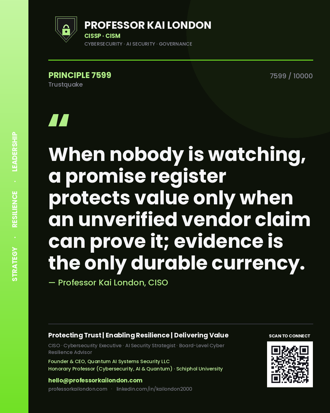 Quote card by Professor Kai London reading 'When nobody is watching, a promise register protects value only when an unverified vendor claim can prove it; evidence is the only durable currency.'. From the book Trustquake.