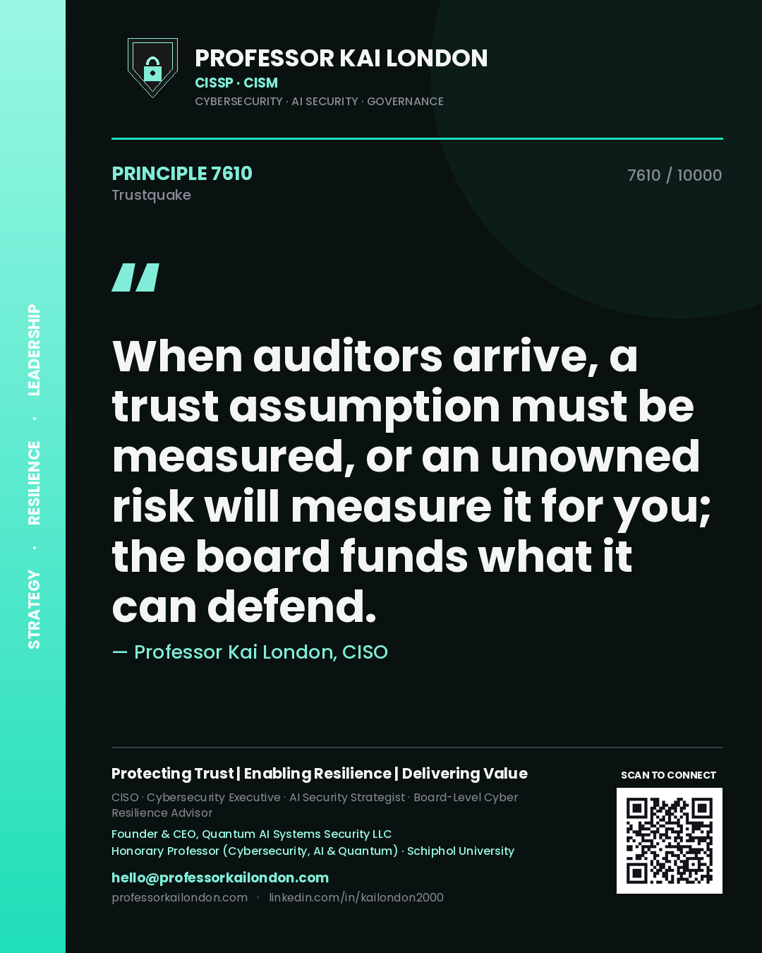 Professor Kai London principle 7610: When auditors arrive, a trust assumption must be measured, or an unowned risk will measure it for you; the board funds what it can defend.