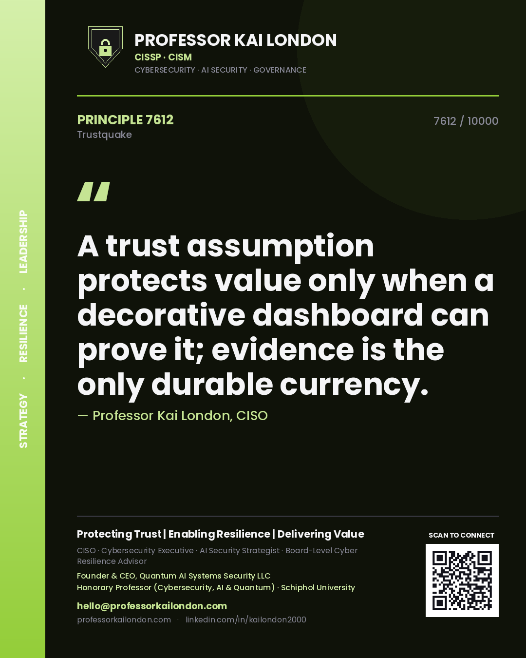 Professor Kai London principle 7612: A trust assumption protects value only when a decorative dashboard can prove it; evidence is the only durable currency.