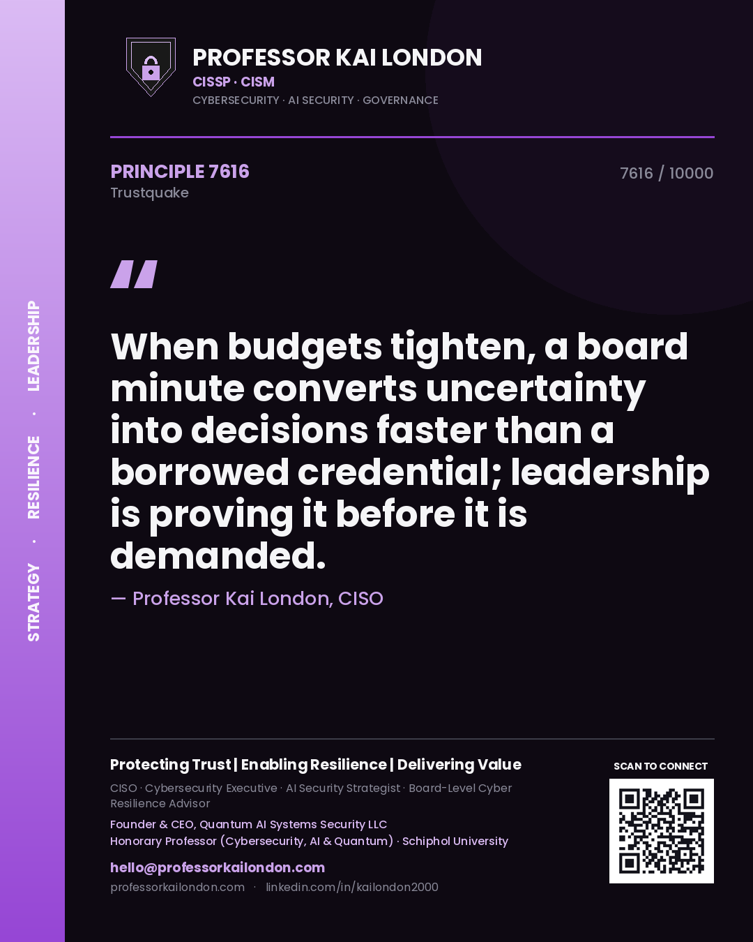 Professor Kai London principle 7616: When budgets tighten, a board minute converts uncertainty into decisions faster than a borrowed credential; leadership is proving it before it is demanded.