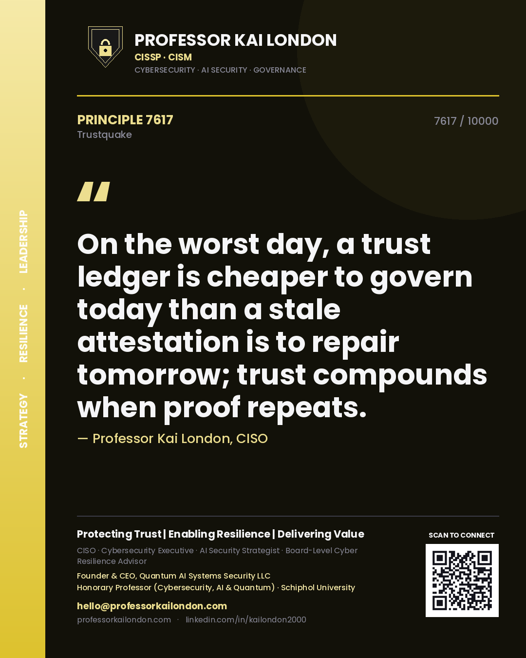 Professor Kai London principle 7617: On the worst day, a trust ledger is cheaper to govern today than a stale attestation is to repair tomorrow; trust compounds when proof repeats.