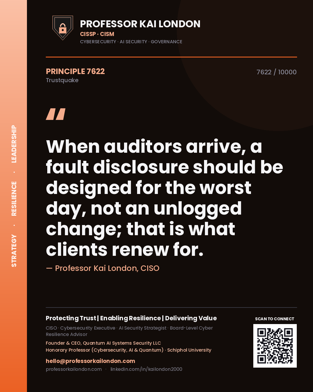 Professor Kai London principle 7622: When auditors arrive, a fault disclosure should be designed for the worst day, not an unlogged change; that is what clients renew for.