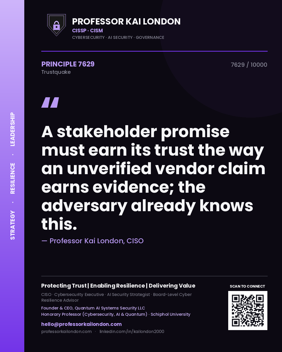 Quote card by Professor Kai London reading 'A stakeholder promise must earn its trust the way an unverified vendor claim earns evidence; the adversary already knows this.'. From the book Trustquake.