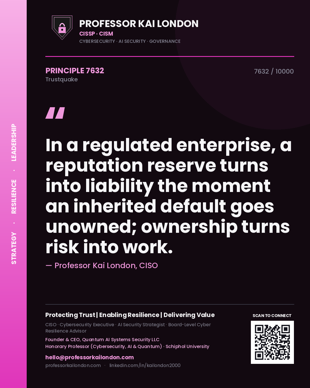 Quote card by Professor Kai London reading 'In a regulated enterprise, a reputation reserve turns into liability the moment an inherited default goes unowned; ownership turns risk into work.'. From the book Trustquake.