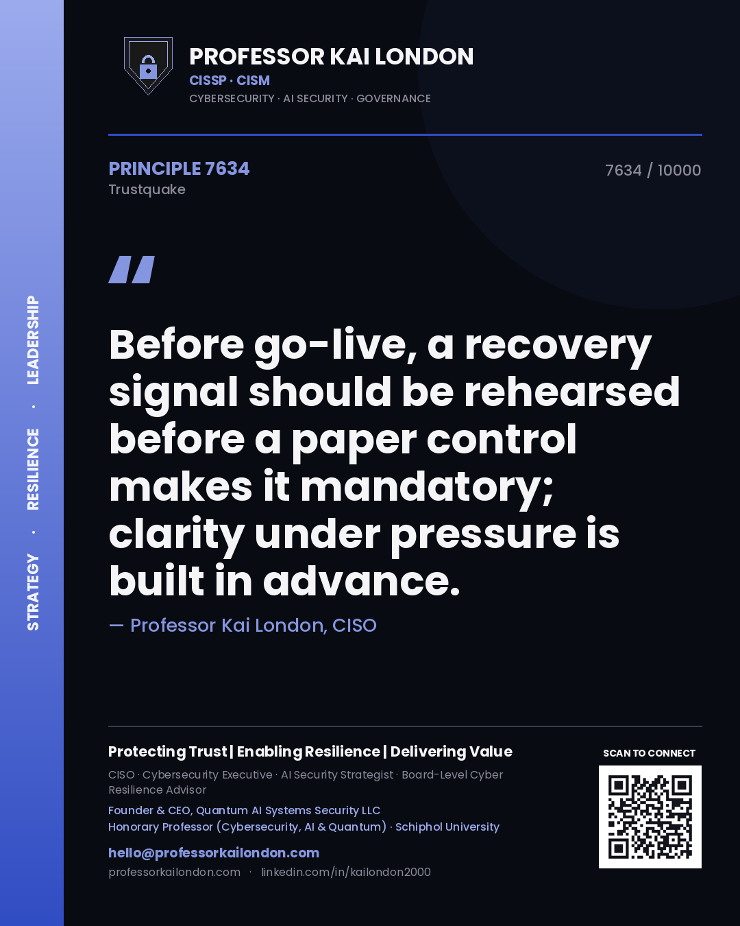 Professor Kai London principle 7634: Before go-live, a recovery signal should be rehearsed before a paper control makes it mandatory; clarity under pressure is built in advance.