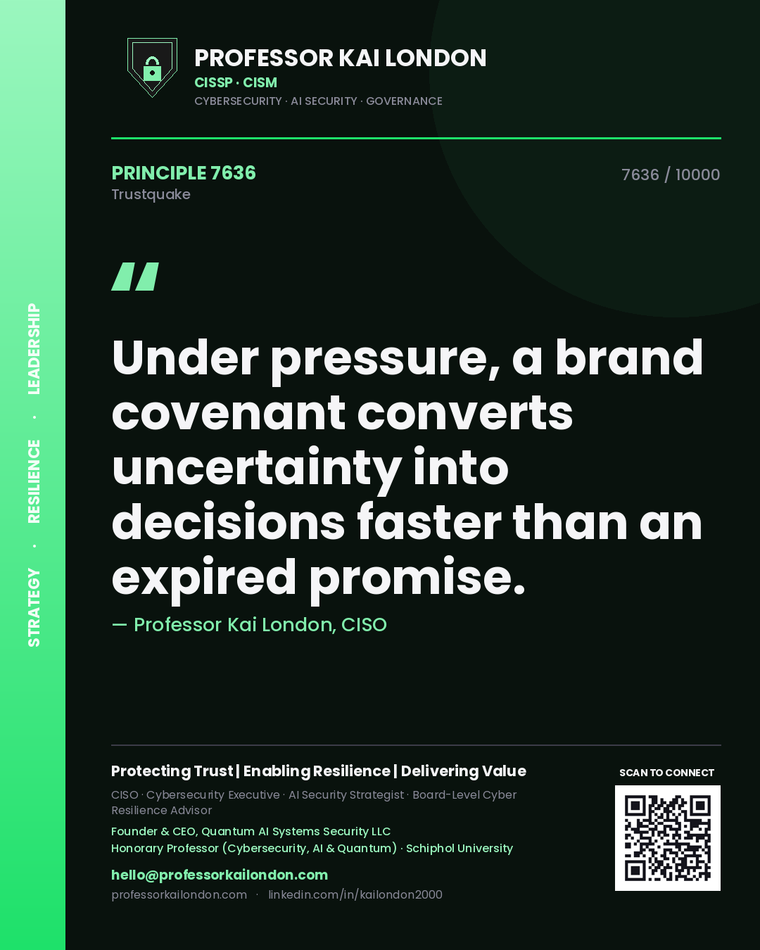 Quote card by Professor Kai London reading 'Under pressure, a brand covenant converts uncertainty into decisions faster than an expired promise.'. From the book Trustquake.