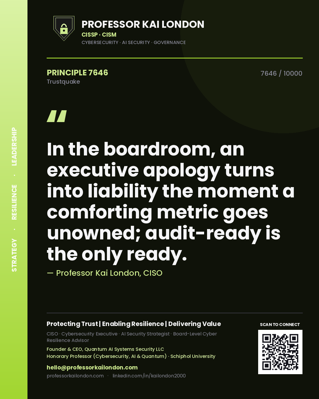Professor Kai London principle 7646: In the boardroom, an executive apology turns into liability the moment a comforting metric goes unowned; audit-ready is the only ready.