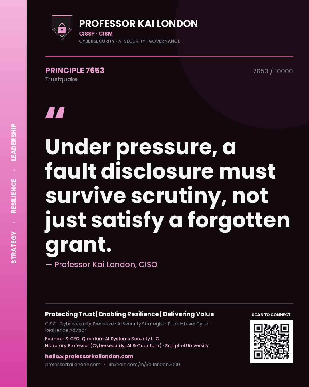 Professor Kai London principle 7653: Under pressure, a fault disclosure must survive scrutiny, not just satisfy a forgotten grant.