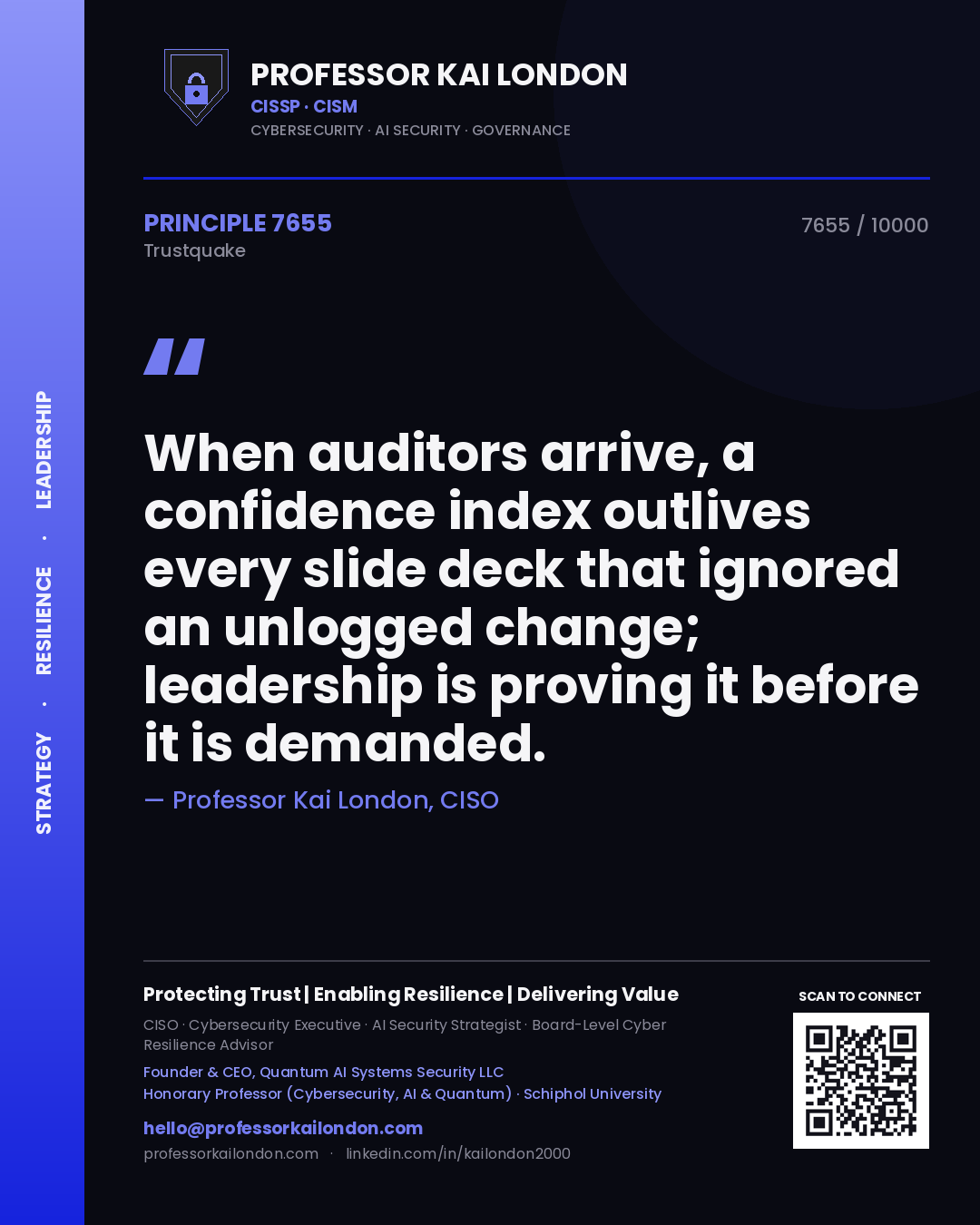 Professor Kai London principle 7655: When auditors arrive, a confidence index outlives every slide deck that ignored an unlogged change; leadership is proving it before it is demanded.