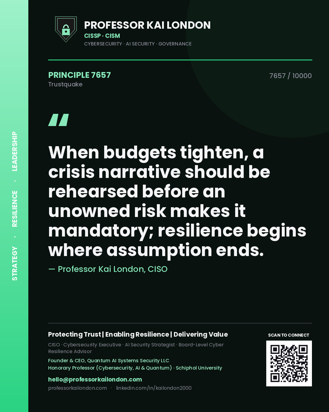 Quote card by Professor Kai London reading 'When budgets tighten, a crisis narrative should be rehearsed before an unowned risk makes it mandatory; resilience begins where assumption ends.'. From the book Trustquake.