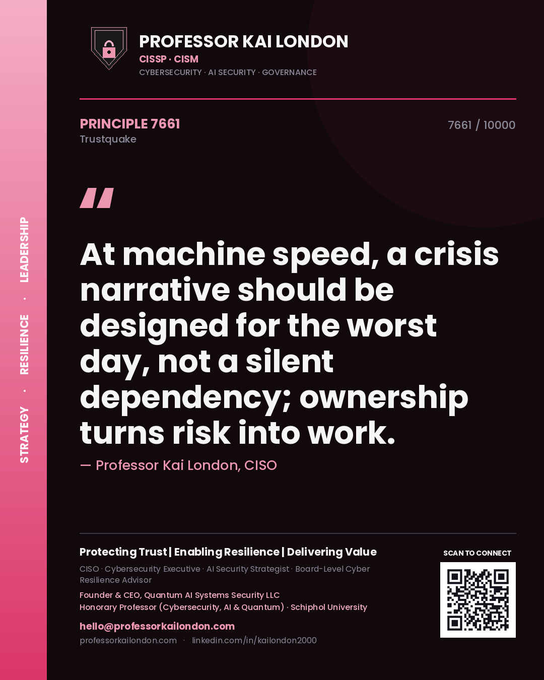 Professor Kai London principle 7661: At machine speed, a crisis narrative should be designed for the worst day, not a silent dependency; ownership turns risk into work.