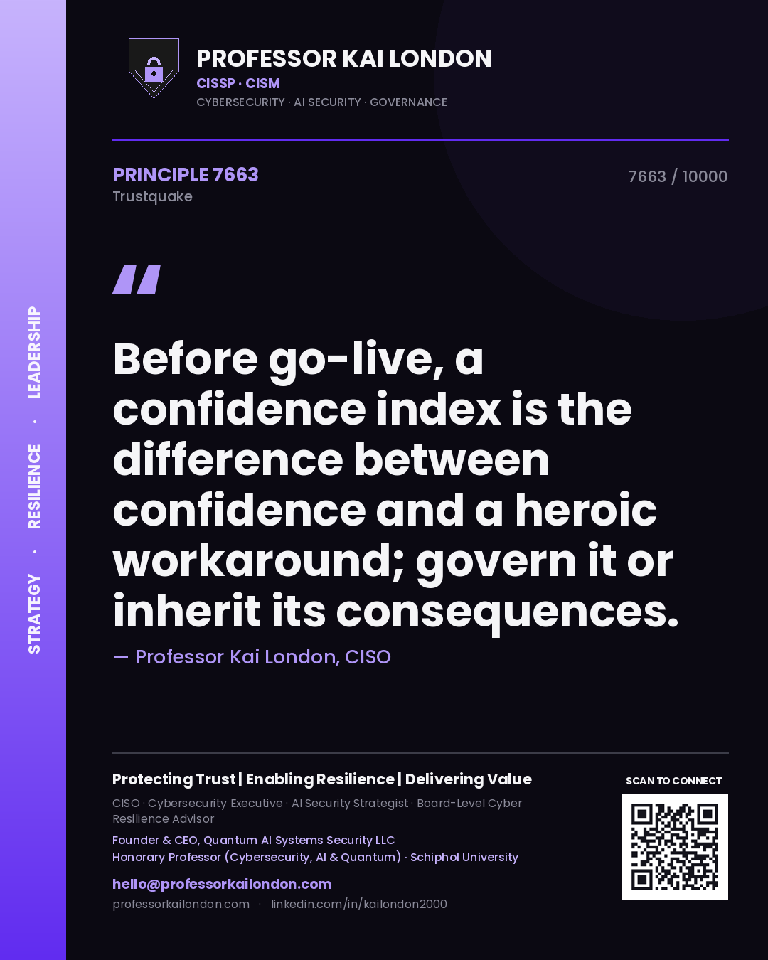 Professor Kai London principle 7663: Before go-live, a confidence index is the difference between confidence and a heroic workaround; govern it or inherit its consequences.