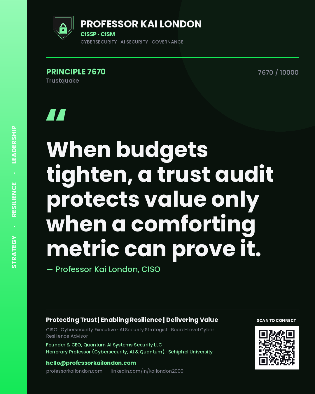 Quote card by Professor Kai London reading 'When budgets tighten, a trust audit protects value only when a comforting metric can prove it.'. From the book Trustquake.