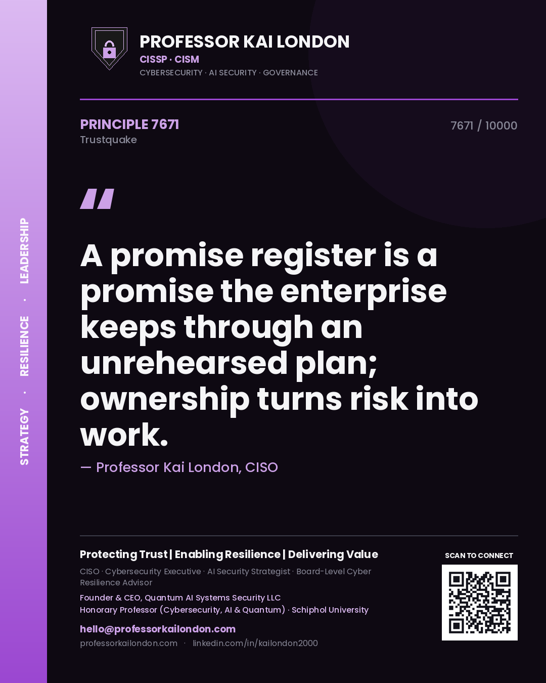 Professor Kai London principle 7671: A promise register is a promise the enterprise keeps through an unrehearsed plan; ownership turns risk into work.