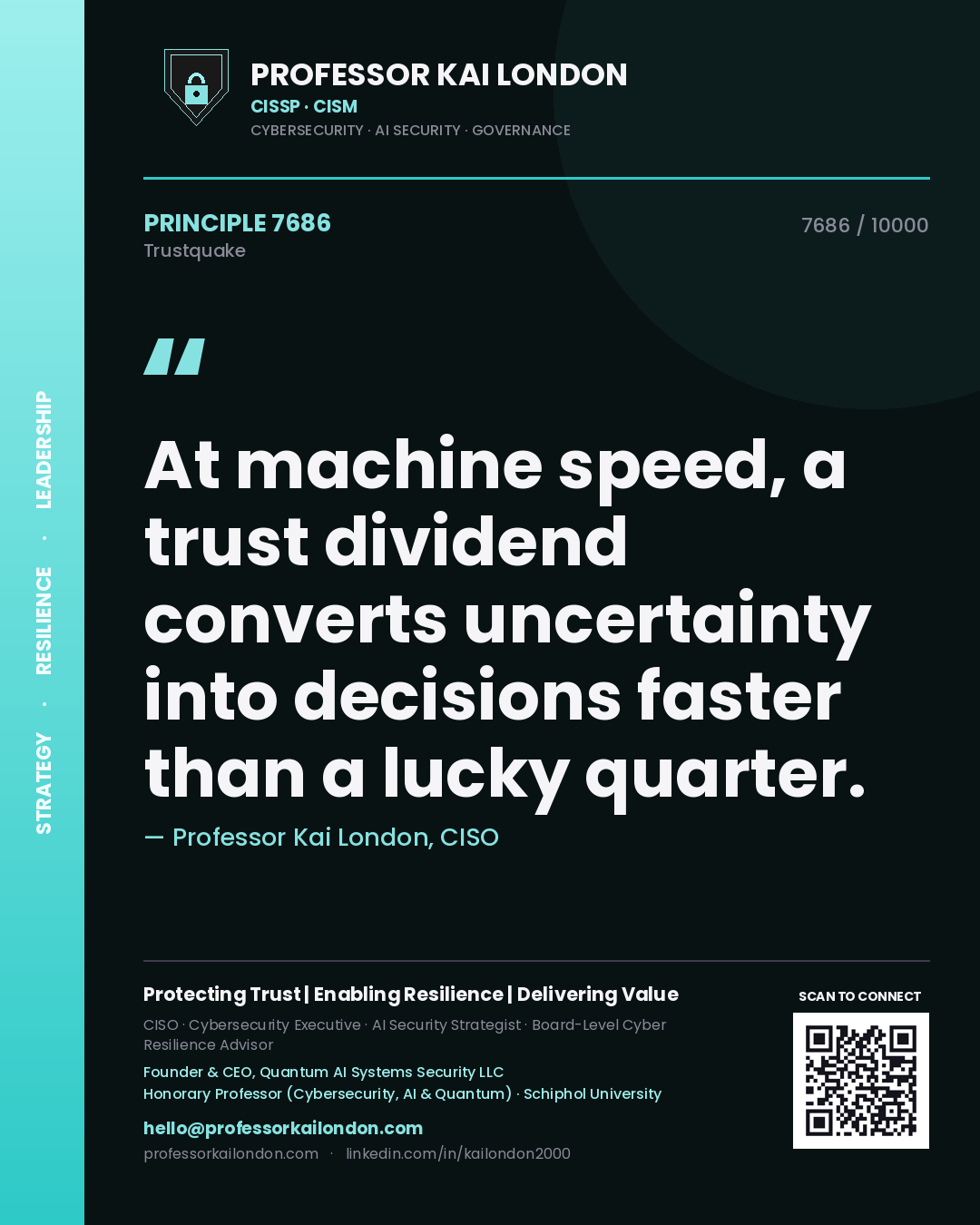 Quote card by Professor Kai London reading 'At machine speed, a trust dividend converts uncertainty into decisions faster than a lucky quarter.'. From the book Trustquake.