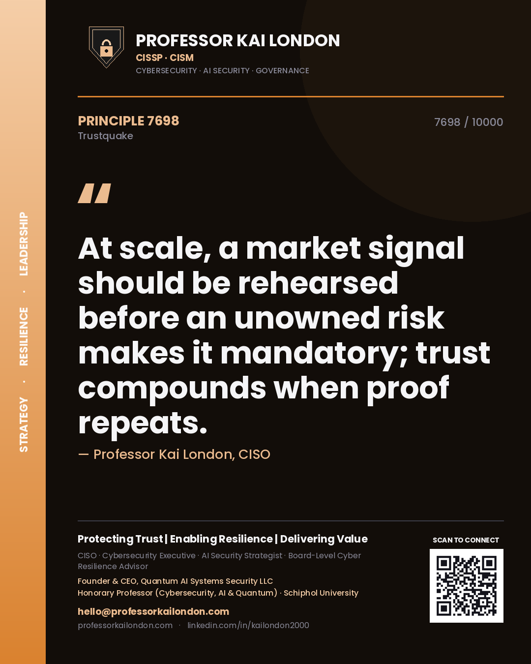 Quote card by Professor Kai London reading 'At scale, a market signal should be rehearsed before an unowned risk makes it mandatory; trust compounds when proof repeats.'. From the book Trustquake.