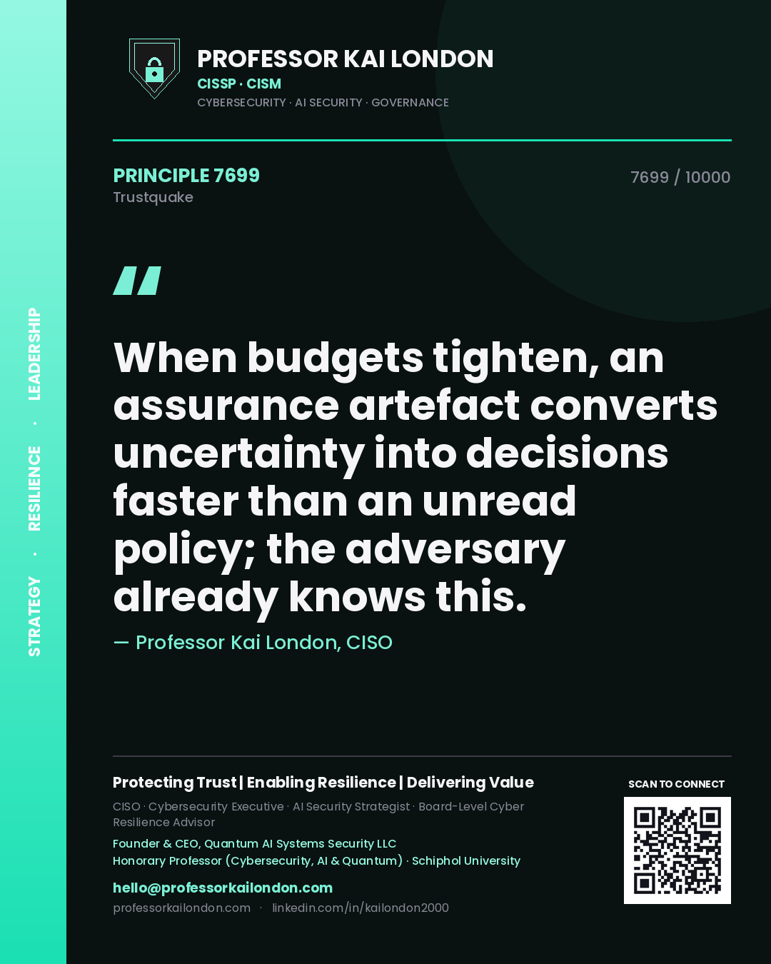 Quote card by Professor Kai London reading 'When budgets tighten, an assurance artefact converts uncertainty into decisions faster than an unread policy; the adversary already knows this.'. From the book Trustquake.